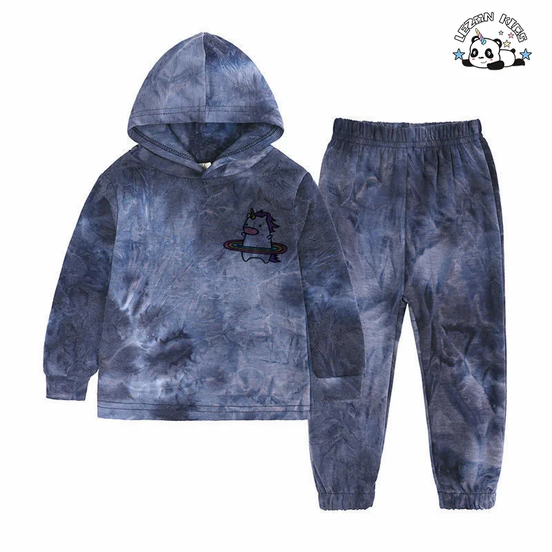LEZONKIDS - Factory Custom Long Sleeves Hoodie and Pants Two Piece Set Kids Boys Girls Tie-dye Hooded Sweatsuit